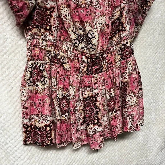 TORRID Crinkle Gauze Cris Cross Back Top Pink & Brown Peplum Cinched Waist Shirt - Picture 6 of 13